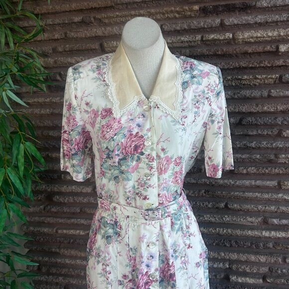 Karin Stevens Vintage 80s Rose Cottage Floral Lace Collar Shirtwaist Dress - Picture 11 of 16